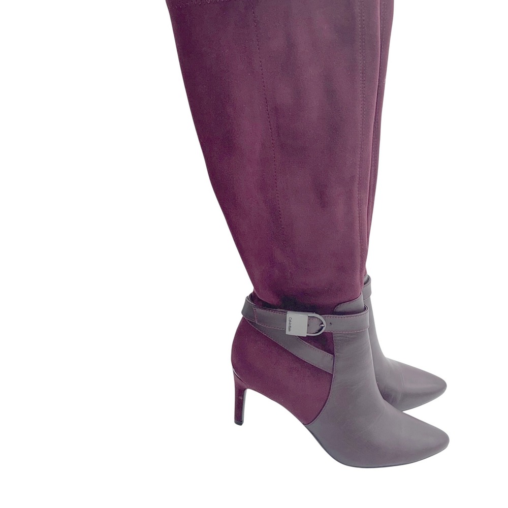 Calvin Klein Jemamine Wide Calf Tall Boots Burgundy Suede Leather Heel Size 6.5